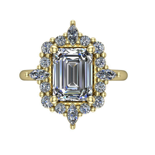 Frances emerald vintage halo engagement ring in 18K Yellow Gold, top-down view showing the snowflake starburst halo of marquise and round diamonds framing the emerald center