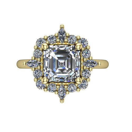 Frances square emerald vintage halo engagement ring in 14K Yellow Gold, top-down view showing the snowflake starburst halo of marquise and round diamonds framing the square emerald center
