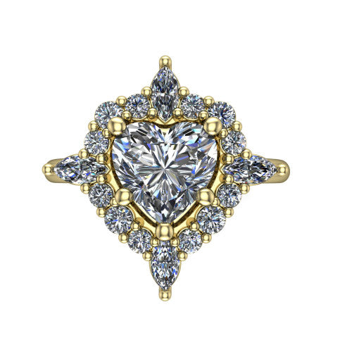 Frances heart vintage halo engagement ring in 14K Yellow Gold, top-down view showing the snowflake starburst halo of marquise and round diamonds framing the heart center