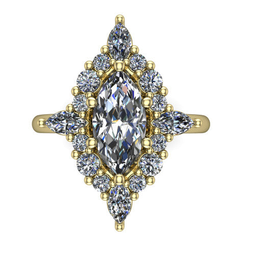 Frances marquise vintage halo engagement ring in 18K Yellow Gold, top-down view showing the snowflake starburst halo of marquise and round diamonds framing the marquise center