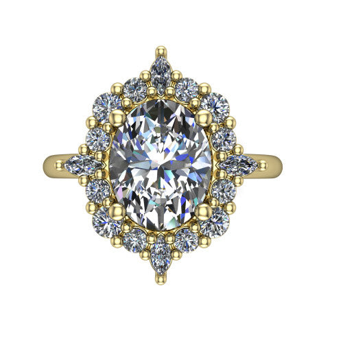 Frances oval vintage halo engagement ring in 14K Yellow Gold, top-down view showing the snowflake starburst halo of marquise and round diamonds framing the oval center