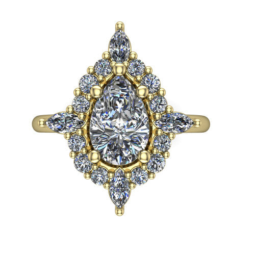 Frances pear vintage halo engagement ring in 14K Yellow Gold, top-down view showing the snowflake starburst halo of marquise and round diamonds framing the pear center