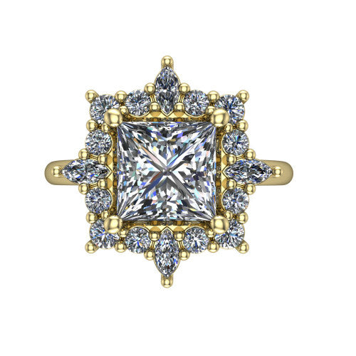 Frances princess vintage halo engagement ring in 14K Yellow Gold, top-down view showing the snowflake starburst halo of marquise and round diamonds framing the princess center