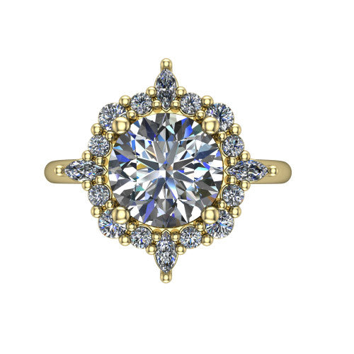 Frances round vintage halo engagement ring in 18K Yellow Gold, top-down view showing the snowflake starburst halo of marquise and round diamonds framing the round center