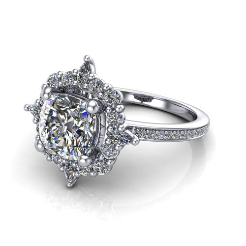 Kali cushion vintage halo engagement ring in Platinum, three-quarter perspective showing the cushion center in a scalloped double pav&eacute; halo with corner accents above a pav&eacute; band