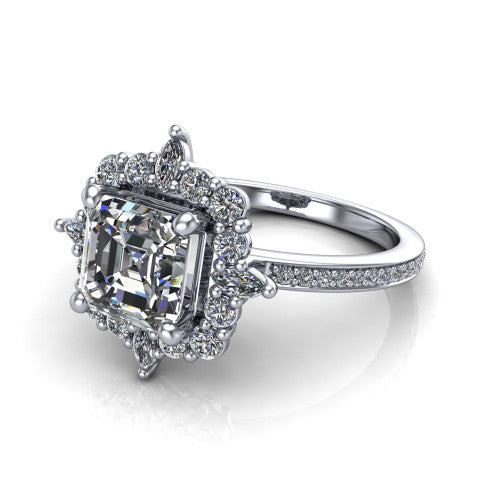 Kali square emerald vintage halo engagement ring in 18K White Gold, three-quarter perspective showing the square emerald center in a scalloped double pav&eacute; halo with corner accents above a pav&eacute; band