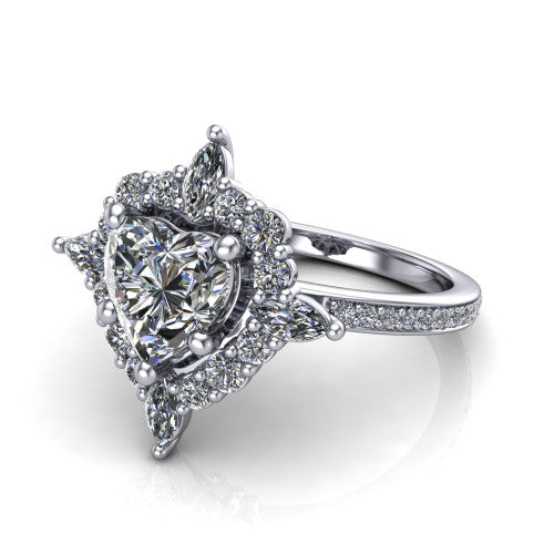 Kali heart vintage halo engagement ring in 14K White Gold, three-quarter perspective showing the heart center in a scalloped double pav&eacute; halo with corner accents above a pav&eacute; band
