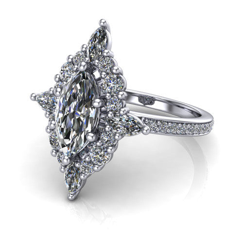 Kali marquise vintage halo engagement ring in 14K White Gold, three-quarter perspective showing the marquise center in a scalloped double pav&eacute; halo with corner accents above a pav&eacute; band