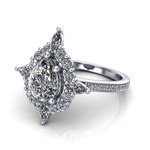 Kali pear vintage halo engagement ring in 18K White Gold, three-quarter perspective showing the pear center in a scalloped double pav&eacute; halo with corner accents above a pav&eacute; band