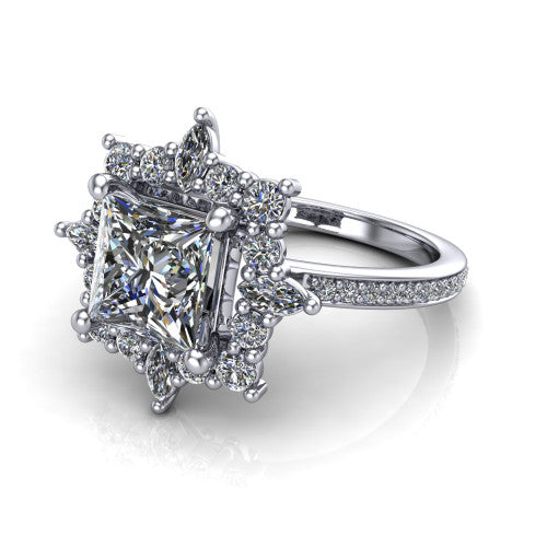 Kali princess vintage halo engagement ring in Platinum, three-quarter perspective showing the princess center in a scalloped double pav&eacute; halo with corner accents above a pav&eacute; band