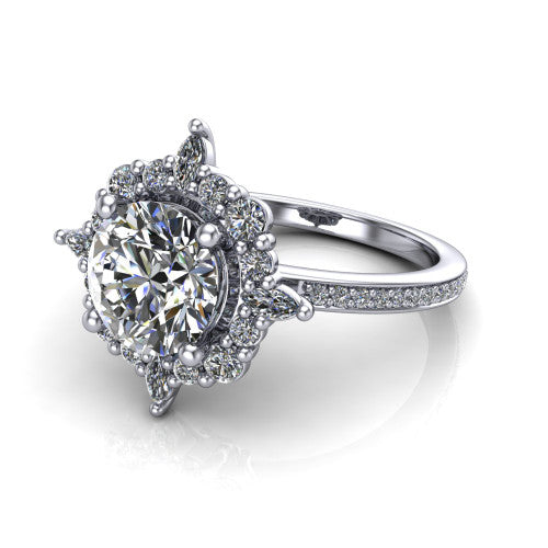 Kali round vintage halo engagement ring in 14K White Gold, three-quarter perspective showing the round center in a scalloped double pav&eacute; halo with corner accents above a pav&eacute; band