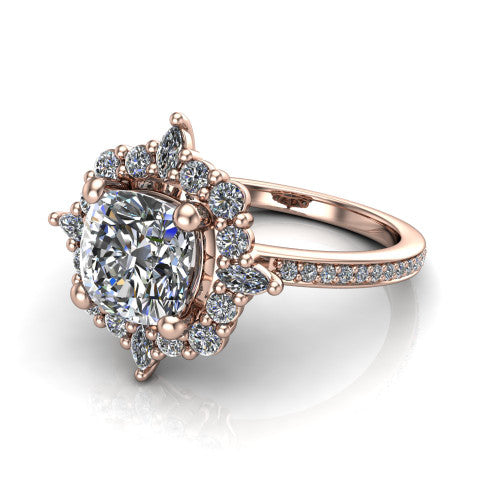 Kali cushion vintage halo engagement ring in 14K Rose Gold, three-quarter perspective showing the cushion center in a scalloped double pav&eacute; halo with corner accents above a pav&eacute; band