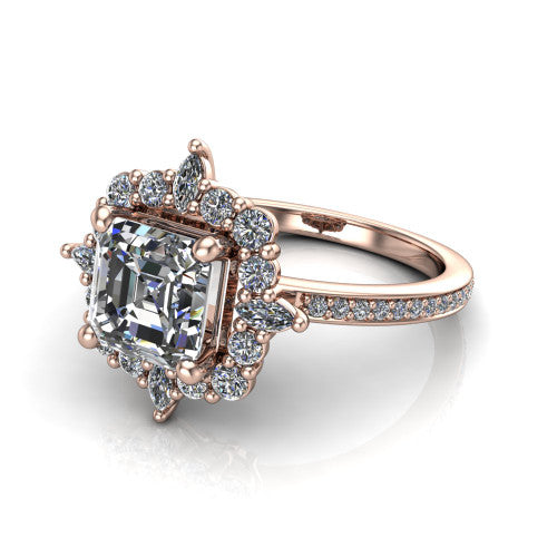 Kali square emerald vintage halo engagement ring in 14K Rose Gold, three-quarter perspective showing the square emerald center in a scalloped double pav&eacute; halo with corner accents above a pav&eacute; band