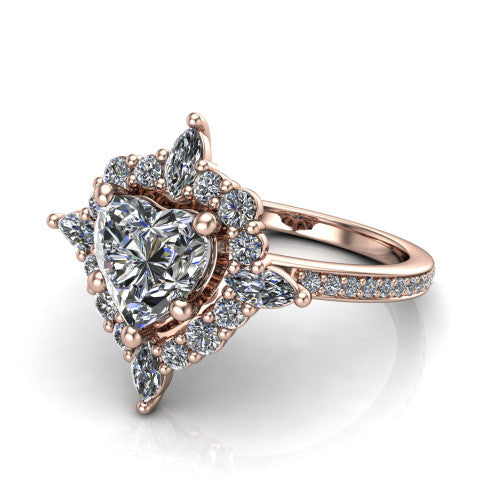 Kali heart vintage halo engagement ring in 14K Rose Gold, three-quarter perspective showing the heart center in a scalloped double pav&eacute; halo with corner accents above a pav&eacute; band