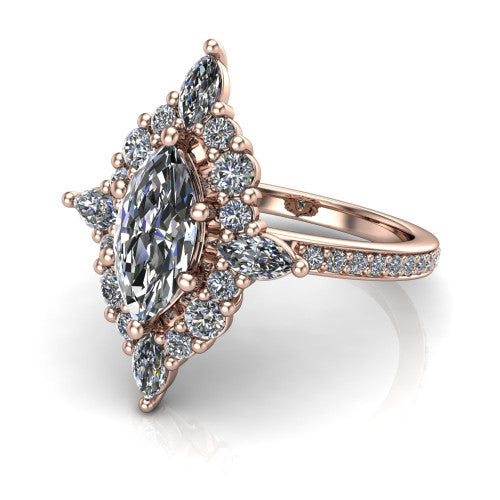 Kali marquise vintage halo engagement ring in 18K Rose Gold, three-quarter perspective showing the marquise center in a scalloped double pav&eacute; halo with corner accents above a pav&eacute; band