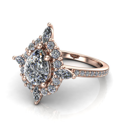 Kali pear vintage halo engagement ring in 18K Rose Gold, three-quarter perspective showing the pear center in a scalloped double pav&eacute; halo with corner accents above a pav&eacute; band