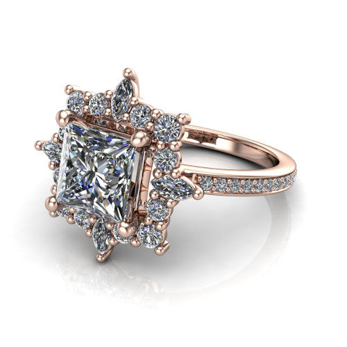 Kali princess vintage halo engagement ring in 14K Rose Gold, three-quarter perspective showing the princess center in a scalloped double pav&eacute; halo with corner accents above a pav&eacute; band