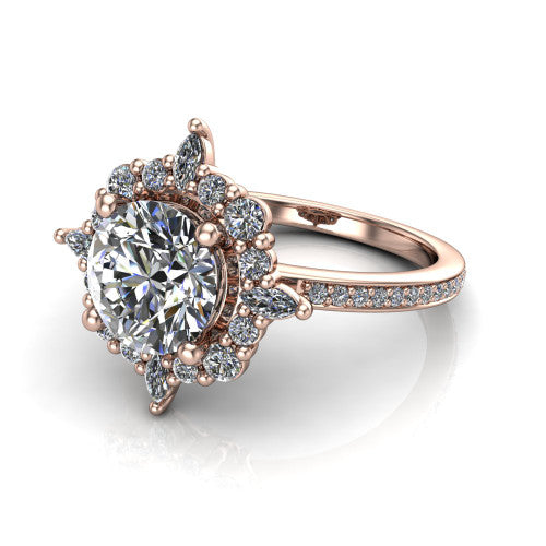 Kali round vintage halo engagement ring in 14K Rose Gold, three-quarter perspective showing the round center in a scalloped double pav&eacute; halo with corner accents above a pav&eacute; band