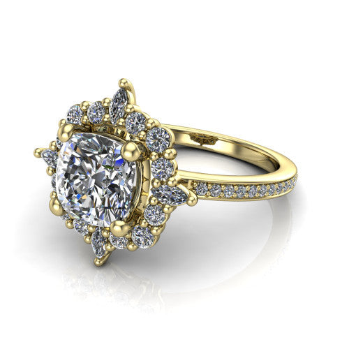 Kali cushion vintage halo engagement ring in 14K Yellow Gold, three-quarter perspective showing the cushion center in a scalloped double pav&eacute; halo with corner accents above a pav&eacute; band
