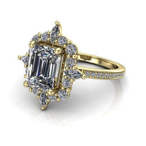 Kali emerald vintage halo engagement ring in 14K Yellow Gold, three-quarter perspective showing the emerald center in a scalloped double pav&eacute; halo with corner accents above a pav&eacute; band