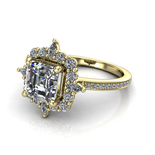 Kali square emerald vintage halo engagement ring in 14K Yellow Gold, three-quarter perspective showing the square emerald center in a scalloped double pav&eacute; halo with corner accents above a pav&eacute; band