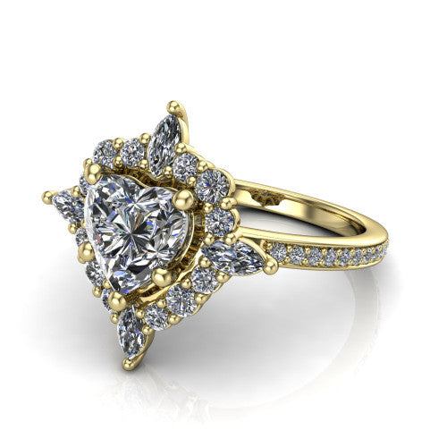 Kali heart vintage halo engagement ring in 18K Yellow Gold, three-quarter perspective showing the heart center in a scalloped double pav&eacute; halo with corner accents above a pav&eacute; band