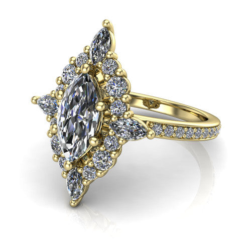 Kali marquise vintage halo engagement ring in 18K Yellow Gold, three-quarter perspective showing the marquise center in a scalloped double pav&eacute; halo with corner accents above a pav&eacute; band