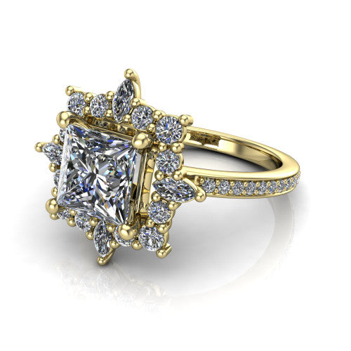 Kali princess vintage halo engagement ring in 14K Yellow Gold, three-quarter perspective showing the princess center in a scalloped double pav&eacute; halo with corner accents above a pav&eacute; band