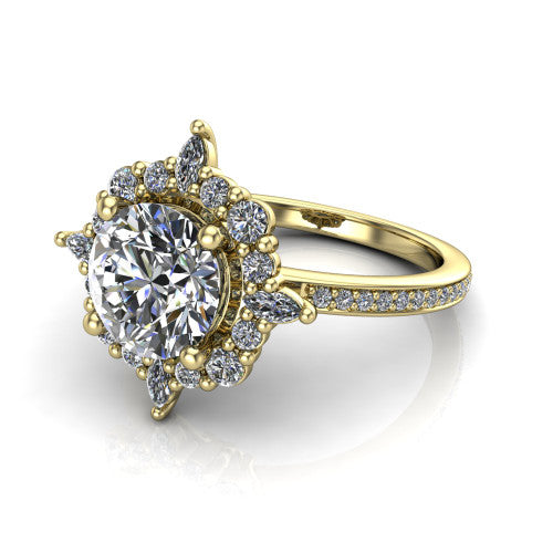 Kali round vintage halo engagement ring in 14K Yellow Gold, three-quarter perspective showing the round center in a scalloped double pav&eacute; halo with corner accents above a pav&eacute; band