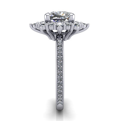 Kali cushion vintage halo engagement ring in Platinum, side profile showing the pav&eacute; band and the ornate scalloped double halo in profile