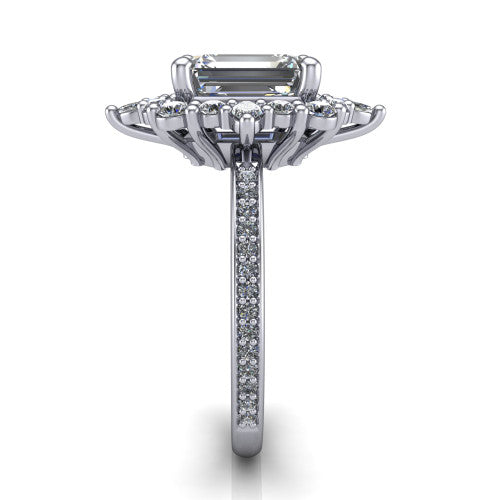Kali emerald vintage halo engagement ring in 14K White Gold, side profile showing the pav&eacute; band and the ornate scalloped double halo in profile