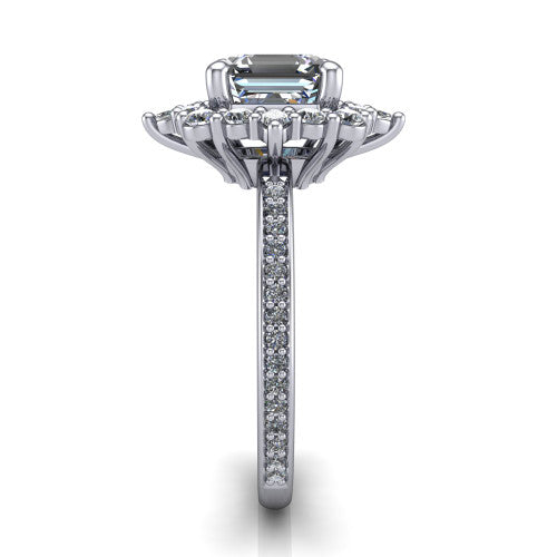 Kali square emerald vintage halo engagement ring in 14K White Gold, side profile showing the pav&eacute; band and the ornate scalloped double halo in profile