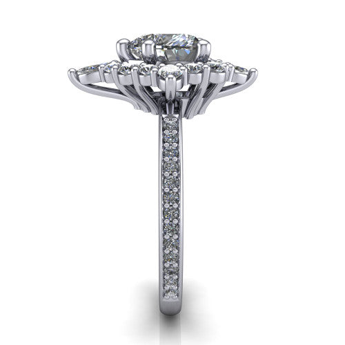 Kali heart vintage halo engagement ring in Platinum, side profile showing the pav&eacute; band and the ornate scalloped double halo in profile