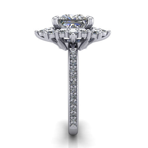 Kali princess vintage halo engagement ring in Platinum, side profile showing the pav&eacute; band and the ornate scalloped double halo in profile