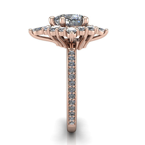 Kali heart vintage halo engagement ring in 14K Rose Gold, side profile showing the pav&eacute; band and the ornate scalloped double halo in profile