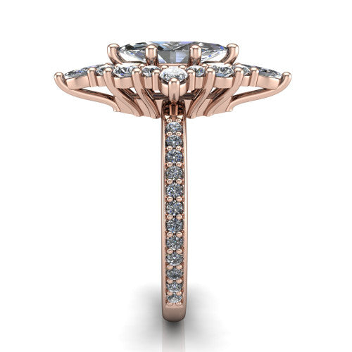 Kali marquise vintage halo engagement ring in 18K Rose Gold, side profile showing the pav&eacute; band and the ornate scalloped double halo in profile