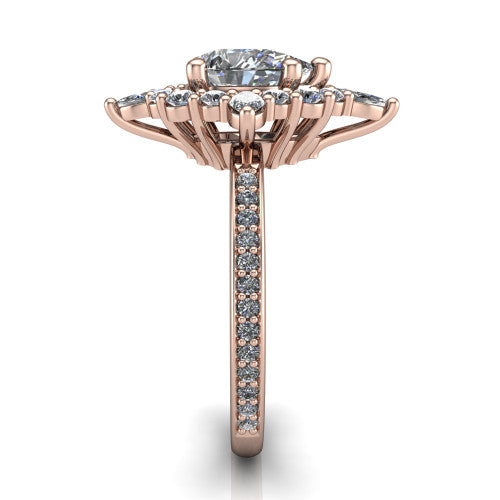 Kali pear vintage halo engagement ring in 14K Rose Gold, side profile showing the pav&eacute; band and the ornate scalloped double halo in profile