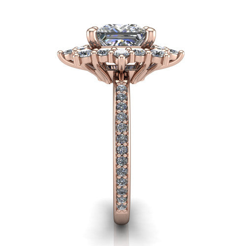 Kali princess vintage halo engagement ring in 18K Rose Gold, side profile showing the pav&eacute; band and the ornate scalloped double halo in profile