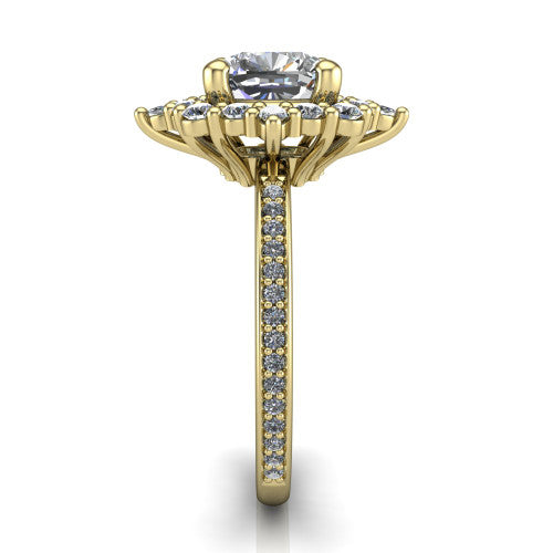 Kali cushion vintage halo engagement ring in 14K Yellow Gold, side profile showing the pav&eacute; band and the ornate scalloped double halo in profile