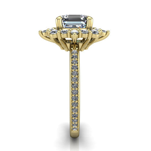 Kali square emerald vintage halo engagement ring in 18K Yellow Gold, side profile showing the pav&eacute; band and the ornate scalloped double halo in profile