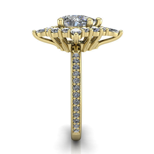 Kali pear vintage halo engagement ring in 18K Yellow Gold, side profile showing the pav&eacute; band and the ornate scalloped double halo in profile