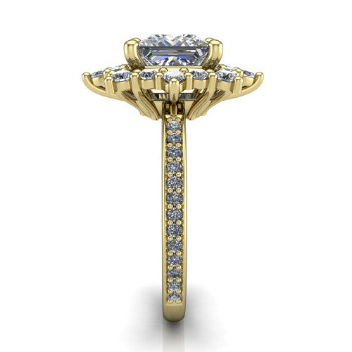 Kali princess vintage halo engagement ring in 18K Yellow Gold, side profile showing the pav&eacute; band and the ornate scalloped double halo in profile