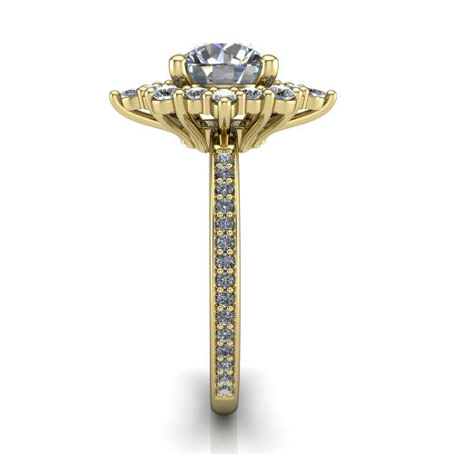 Kali round vintage halo engagement ring in 14K Yellow Gold, side profile showing the pav&eacute; band and the ornate scalloped double halo in profile