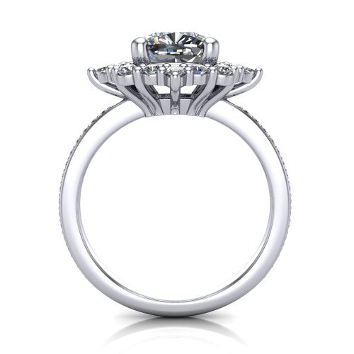Kali cushion vintage halo engagement ring in 14K White Gold, through-finger front profile showing the scalloped halo head and openwork gallery above the pav&eacute; band