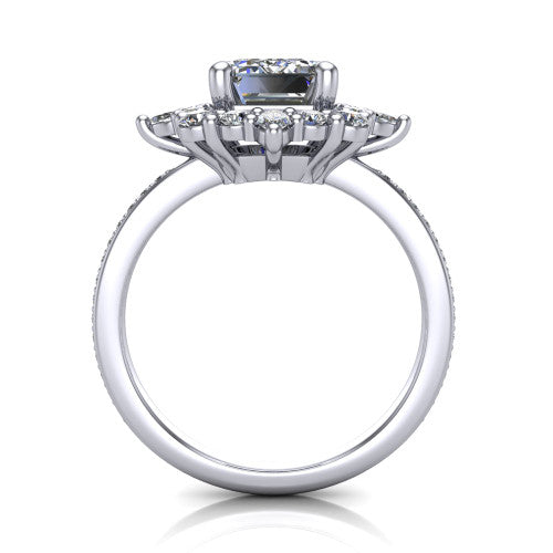 Kali emerald vintage halo engagement ring in 14K White Gold, through-finger front profile showing the scalloped halo head and openwork gallery above the pav&eacute; band