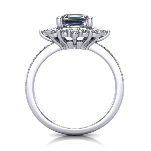 Kali square emerald vintage halo engagement ring in 18K White Gold, through-finger front profile showing the scalloped halo head and openwork gallery above the pav&eacute; band