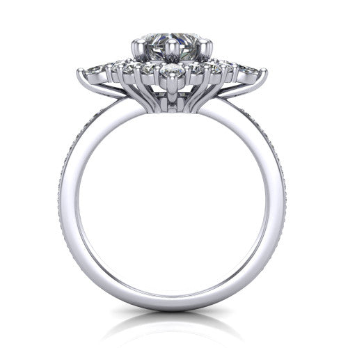 Kali heart vintage halo engagement ring in 18K White Gold, through-finger front profile showing the scalloped halo head and openwork gallery above the pav&eacute; band
