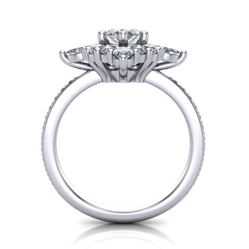 Kali marquise vintage halo engagement ring in 18K White Gold, through-finger front profile showing the scalloped halo head and openwork gallery above the pav&eacute; band