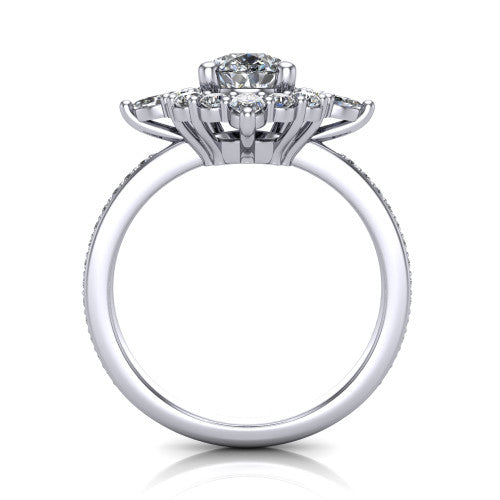 Kali pear vintage halo engagement ring in Platinum, through-finger front profile showing the scalloped halo head and openwork gallery above the pav&eacute; band