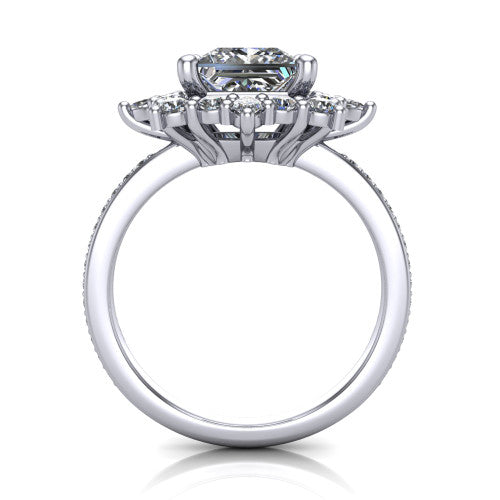 Kali princess vintage halo engagement ring in Platinum, through-finger front profile showing the scalloped halo head and openwork gallery above the pav&eacute; band